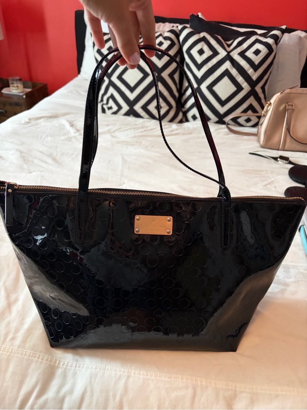 Patent Black Tote Bag with Gold Plate